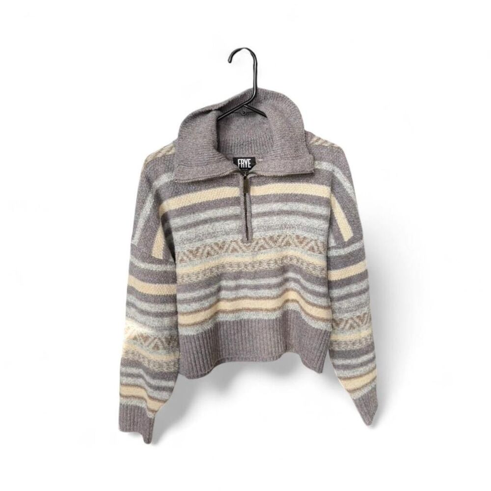 Frye Fair Isle Wool blend striped half zip draped collar sweater Size XL